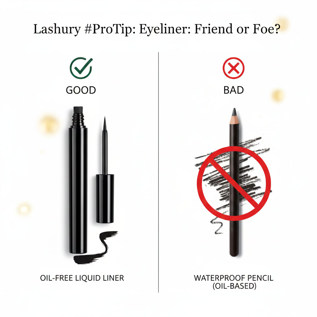 Comparison of lash-safe makeup: A "Good" oil-free liquid liner with a clean swatch versus a "Bad" waterproof oil-based pencil with a messy smudge, demonstrating how to protect eyelash extension retention.
